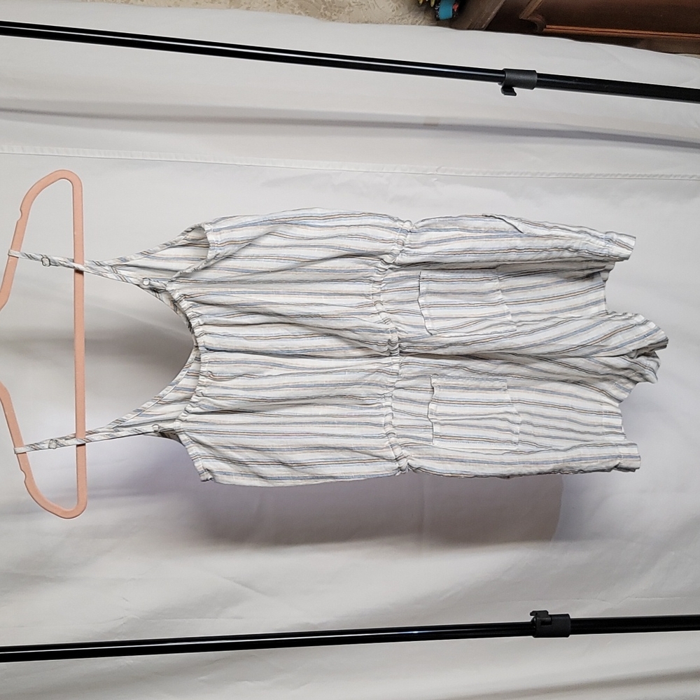Lou & Grey 100% Linen Striped Blue, Tan & Ivory Sleeveless Romper Women's Medium - Picture 2 of 5